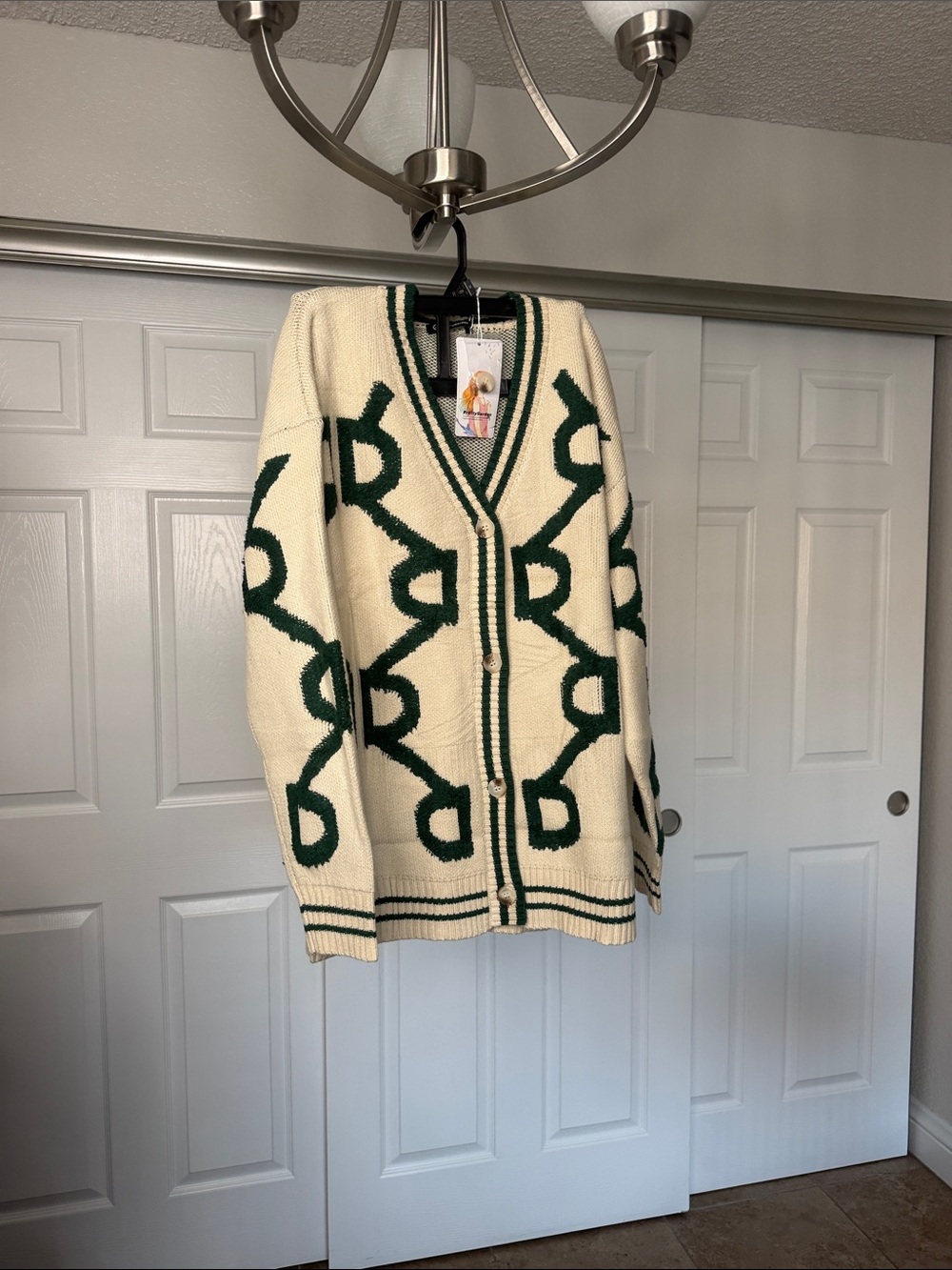 Beige and Green Open-Front Knit Cardigan Sweater - Picture 3 of 4